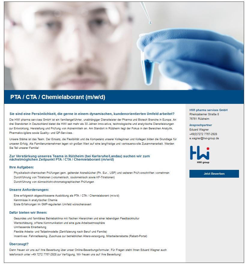 Stellenangebot PTA in Rülzheim bei HWI pharma sevices GmbH