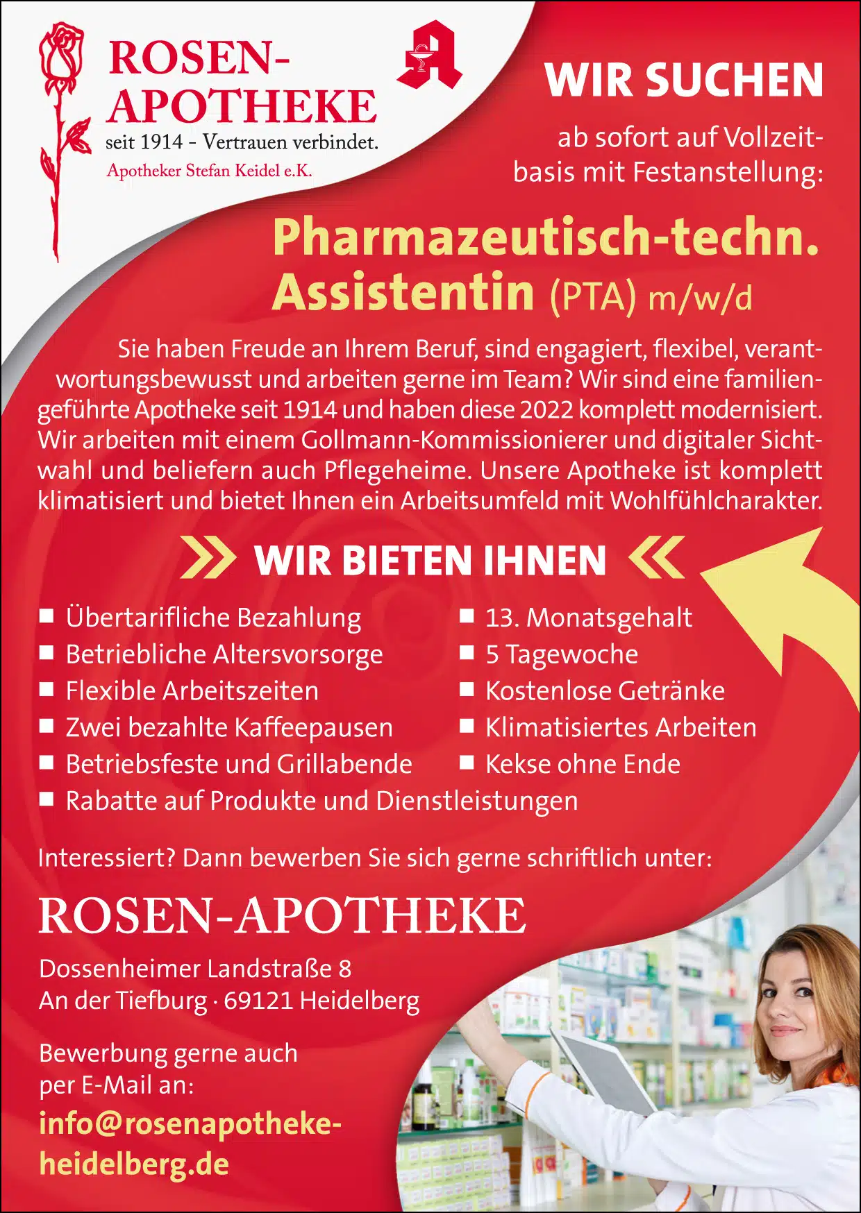Vorschau Anzeige Rosen Apotheke Heidelberg 105 x 148 mm CMYK Motiv Stellenanzeige PTA